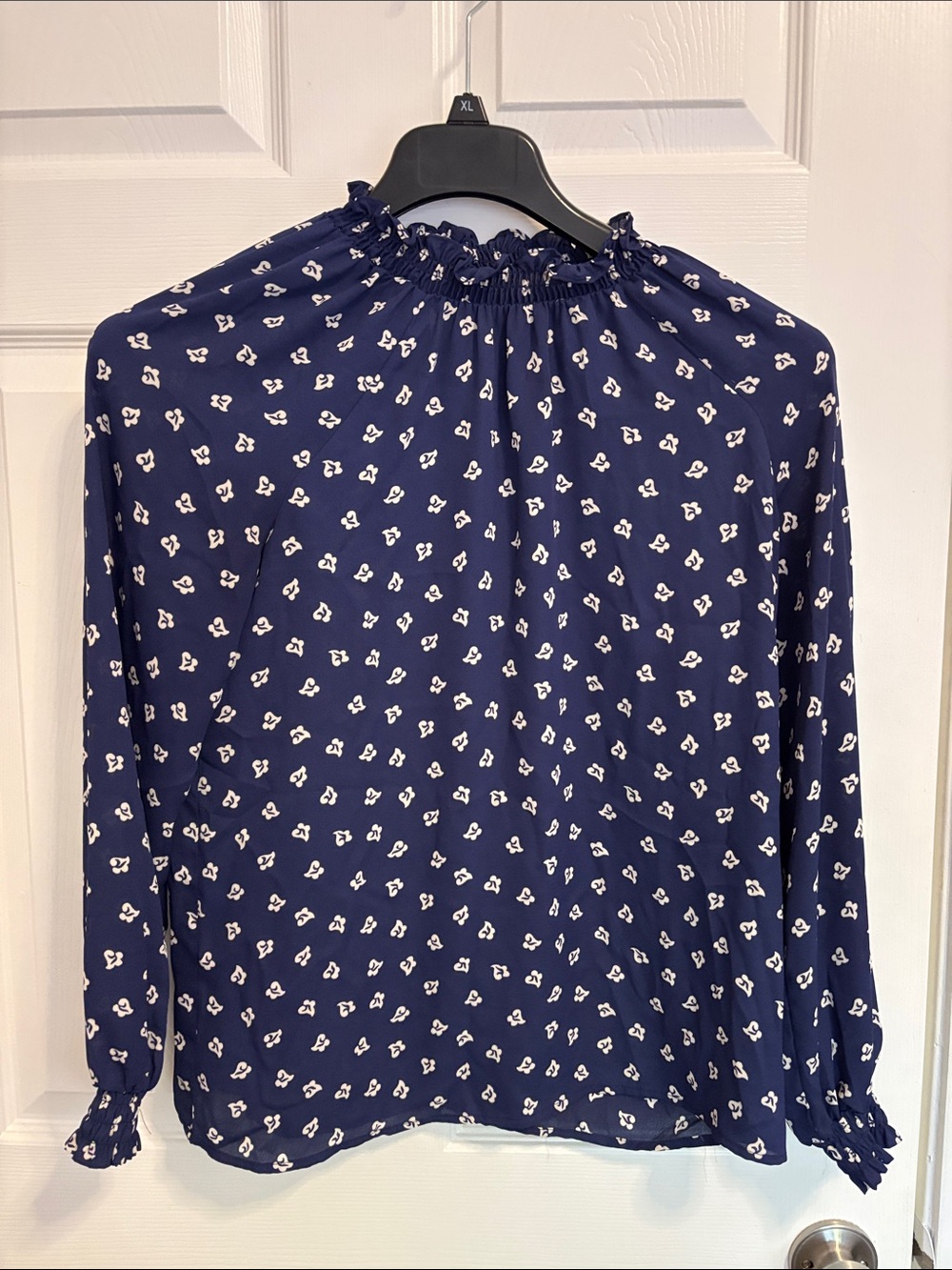 LOFT oversized Navy Blue Floral Smocked Neck Long-Sleeve Blouse